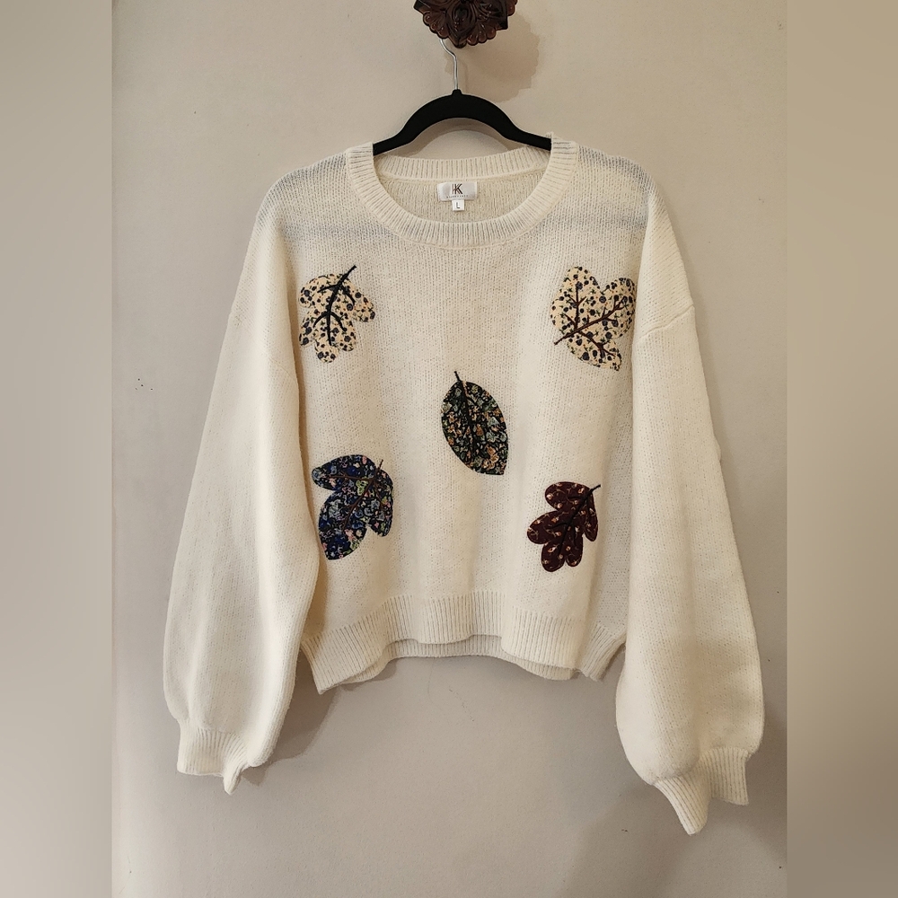 Krush Kandy Free Fall Leaf Patchwork Ivory Cream Pullover Sweater Size L